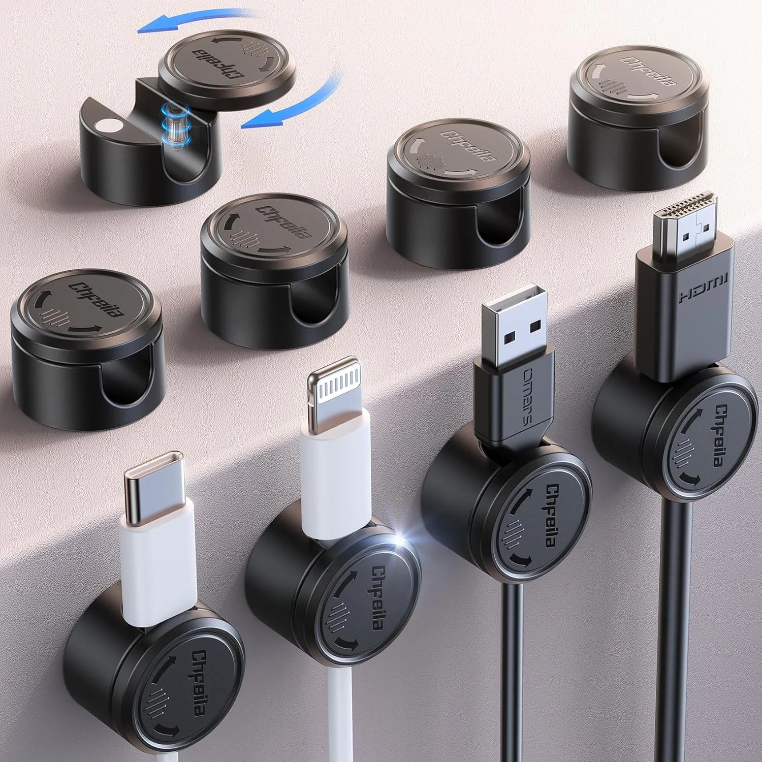 9 Pack Cord Organizer, Chfeila [360Rotating Twist-Lock] Magnetic Cable Management Clips, Adhesive Phone Charging Keeper Wire Cord Holder for Nightstand/Car/Wall, Office Desk Accessories Decor (Black)