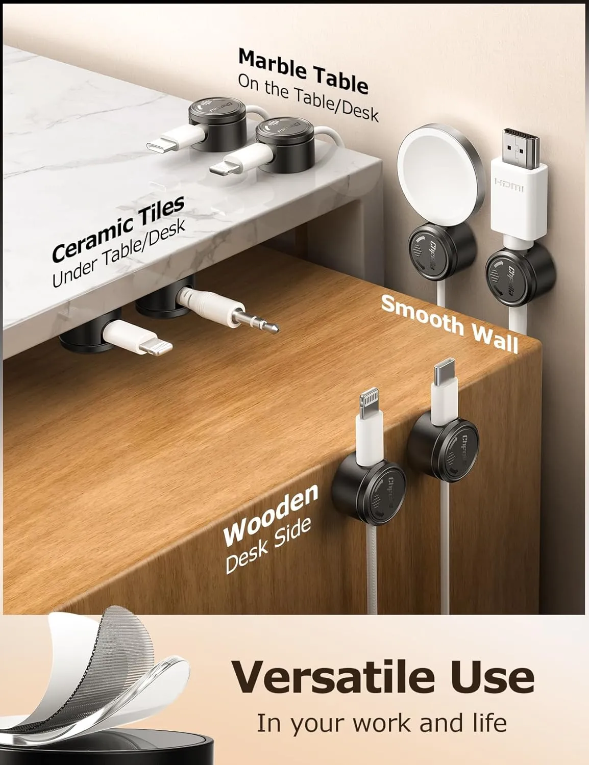 9 Pack Cord Organizer, Chfeila [360Rotating Twist-Lock] Magnetic Cable Management Clips, Adhesive Phone Charging Keeper Wire Cord Holder for Nightstand/Car/Wall, Office Desk Accessories Decor (Black)