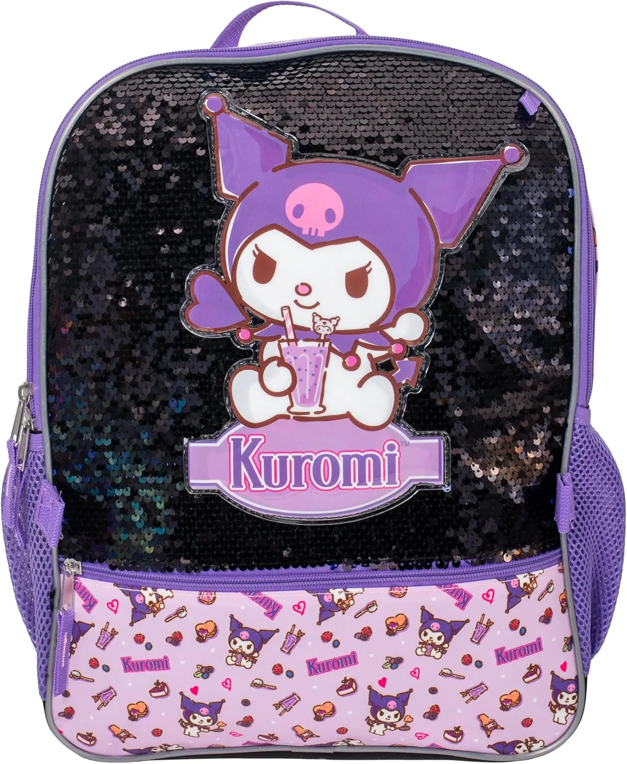 AI ACCESSORY INNOVATIONS Sanrios Kuromi 4 Piece Backpack Set, Hello Kitty Kawaii Flip Sequin Girls School Bag with Front Zip Pocket, 2 Side Mesh Pockets, Black & Purple