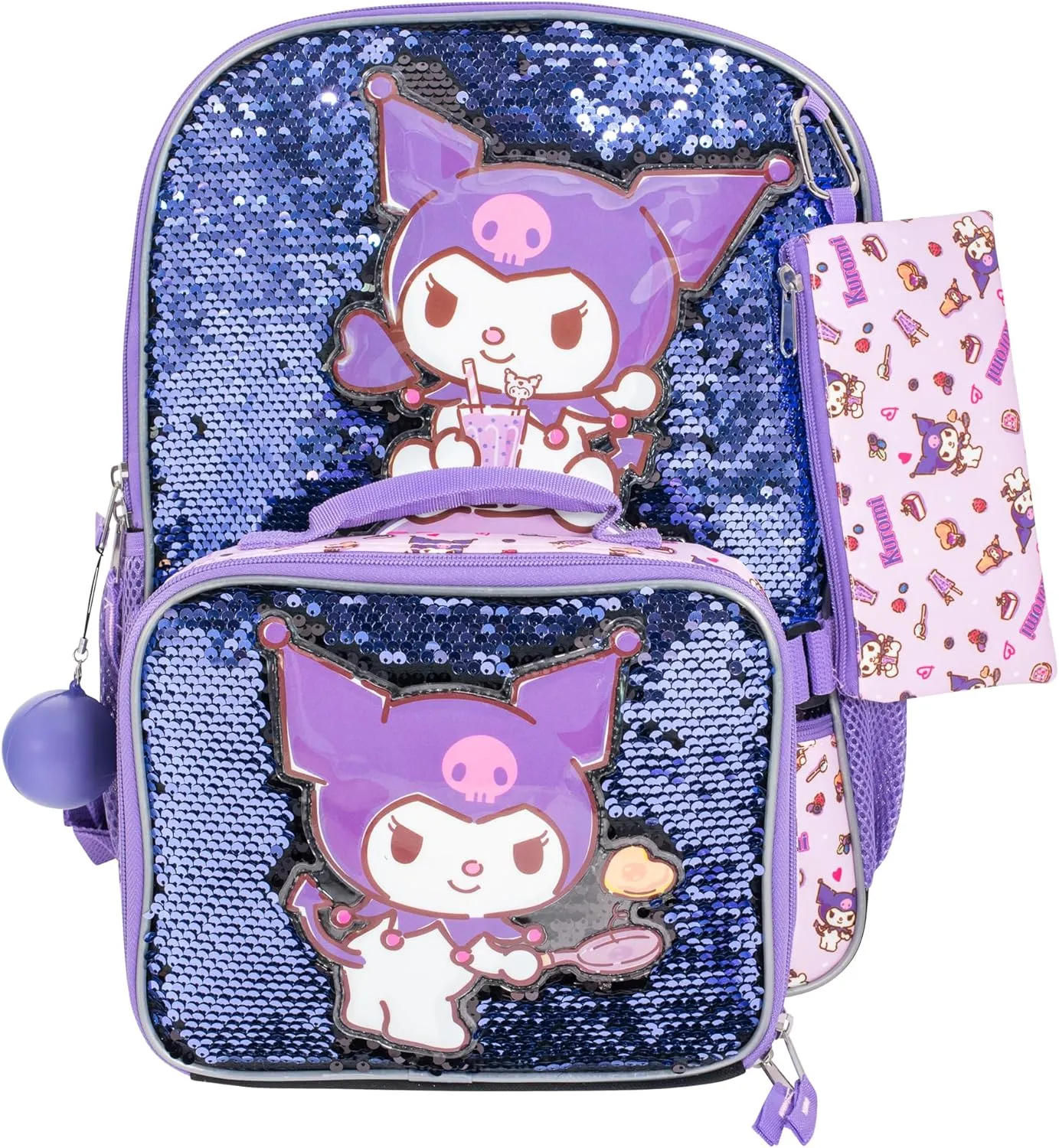 AI ACCESSORY INNOVATIONS Sanrios Kuromi 4 Piece Backpack Set, Hello Kitty Kawaii Flip Sequin Girls School Bag with Front Zip Pocket, 2 Side Mesh Pockets, Black & Purple