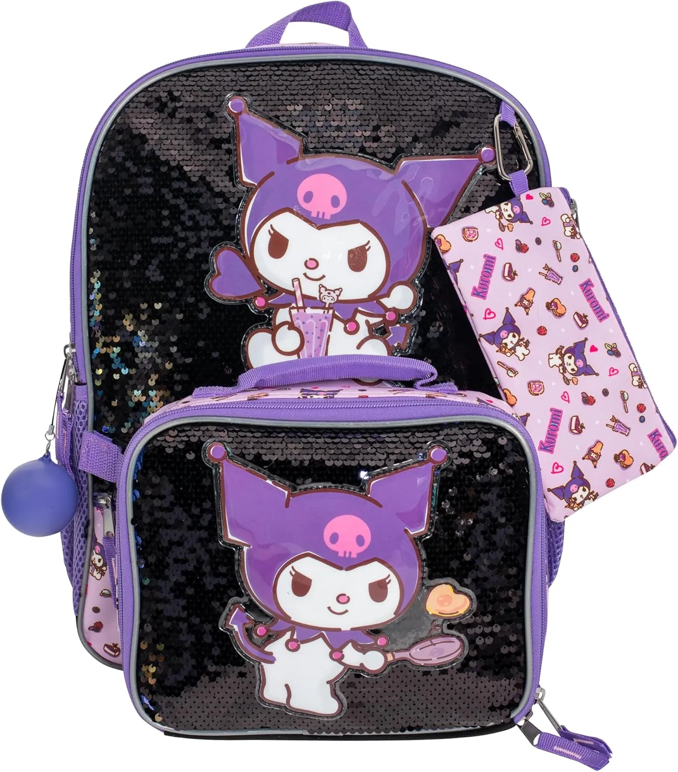 AI ACCESSORY INNOVATIONS Sanrios Kuromi 4 Piece Backpack Set, Hello Kitty Kawaii Flip Sequin Girls School Bag with Front Zip Pocket, 2 Side Mesh Pockets, Black & Purple