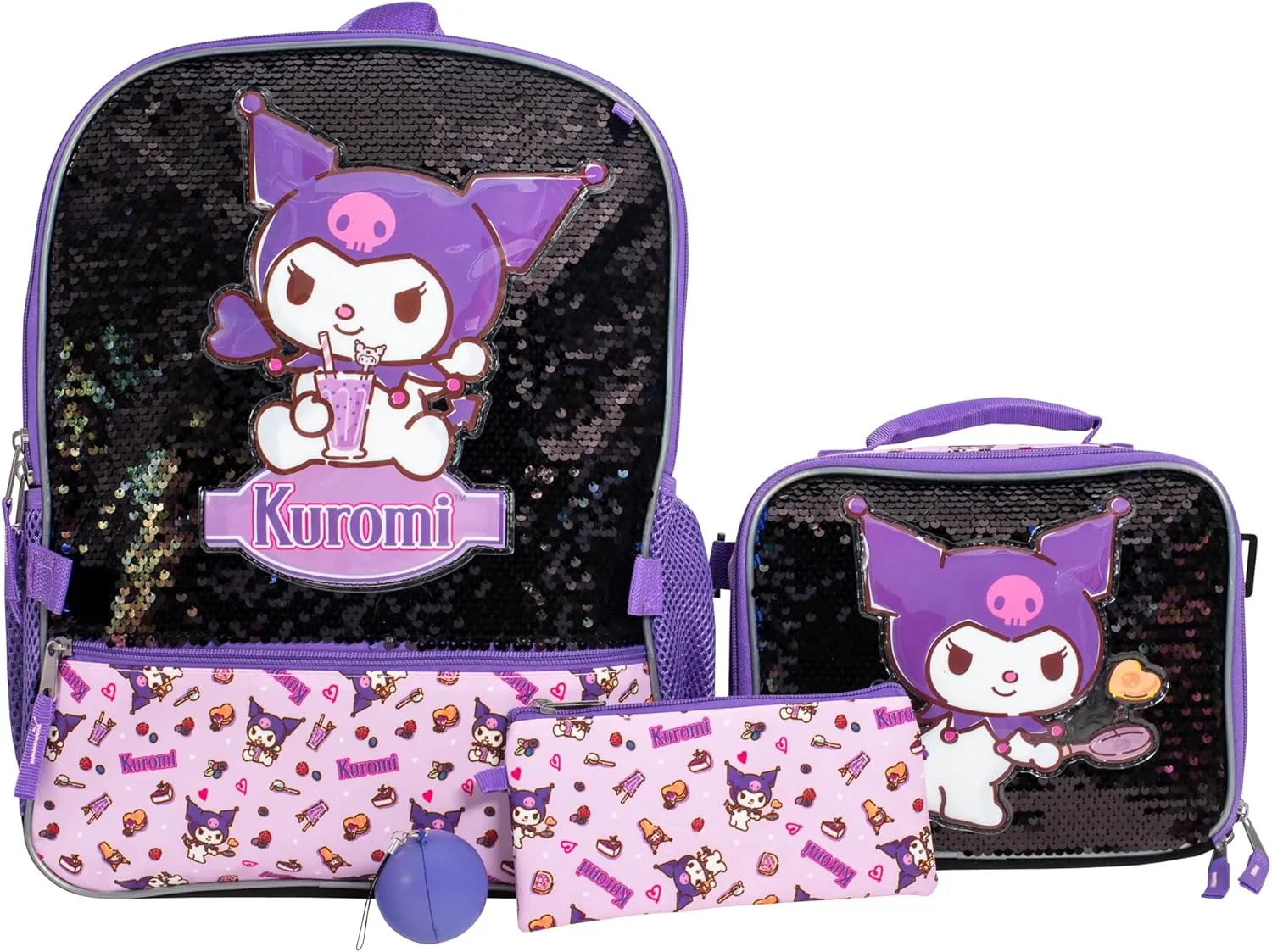 AI ACCESSORY INNOVATIONS Sanrios Kuromi 4 Piece Backpack Set, Hello Kitty Kawaii Flip Sequin Girls School Bag with Front Zip Pocket, 2 Side Mesh Pockets, Black & Purple