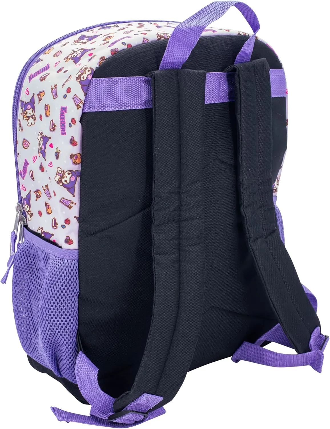 AI ACCESSORY INNOVATIONS Sanrios Kuromi 4 Piece Backpack Set, Hello Kitty Kawaii Flip Sequin Girls School Bag with Front Zip Pocket, 2 Side Mesh Pockets, Black & Purple