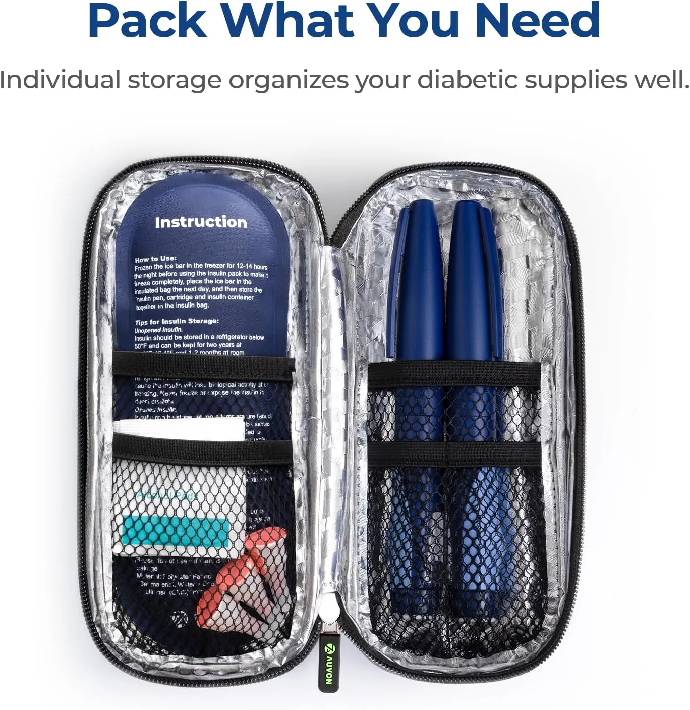 AUVON Insulin Pen Cooler Travel Case with 2 * 90g TSA Approved Ice Packs, Diabetic Medication Insulated Cooling Bag for Insulin Pens and Diabetic Supplies Storage, Compact for Daily Life and Trips