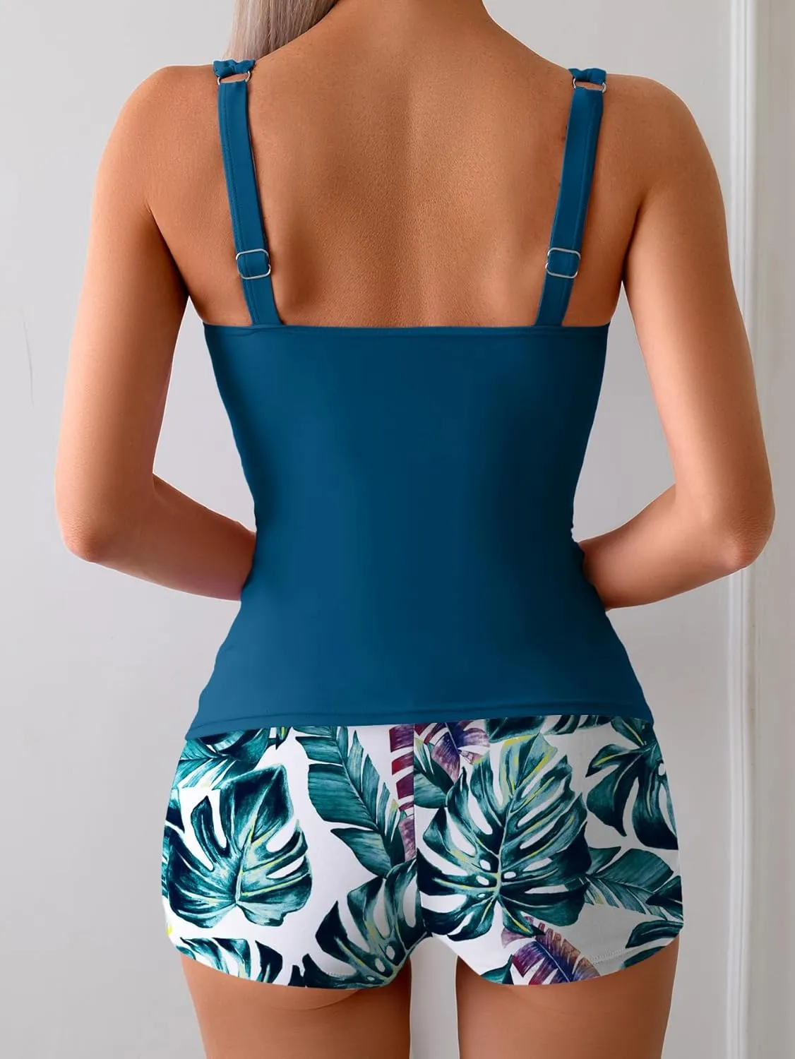 B2prity Women's Tankini Swimsuit Tummy Control Ruched Two Piece Bathing Suit Push Up Modest Swim Suits with Shorts