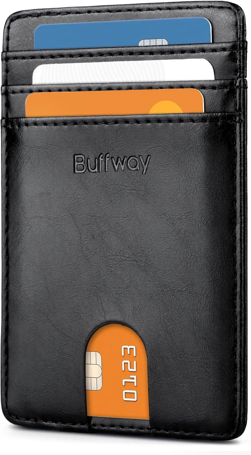 Buffway Mens Slim Wallet, Minimalist Thin Front Pocket Leather Credit Card Holder with RFID Blocking for Work Travel