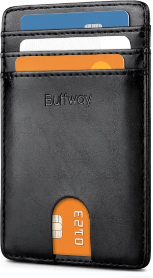 Buffway Mens Slim Wallet, Minimalist Thin Front Pocket Leather Credit Card Holder with RFID Blocking for Work Travel