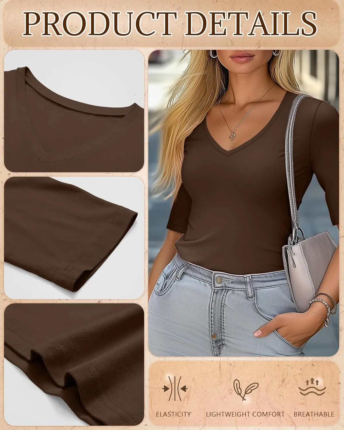 Ficerd 3 Pack Women's Half Sleeve V Neck T Shirts, Cotton Elbow Length Sleeve Shirt Slim Fit Tunic Top Casual Summer Tee