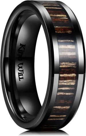 King Will Nature Men's Wooden Wedding Band, 7-8mm Black Mens Ceramic Wedding Ring with Polished Finish Brown Wood Inlay Comfort Fit Size 7-14