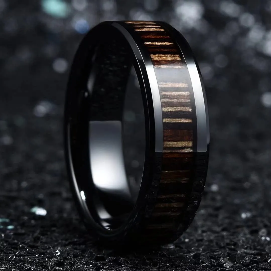 King Will Nature Men's Wooden Wedding Band, 7-8mm Black Mens Ceramic Wedding Ring with Polished Finish Brown Wood Inlay Comfort Fit Size 7-14