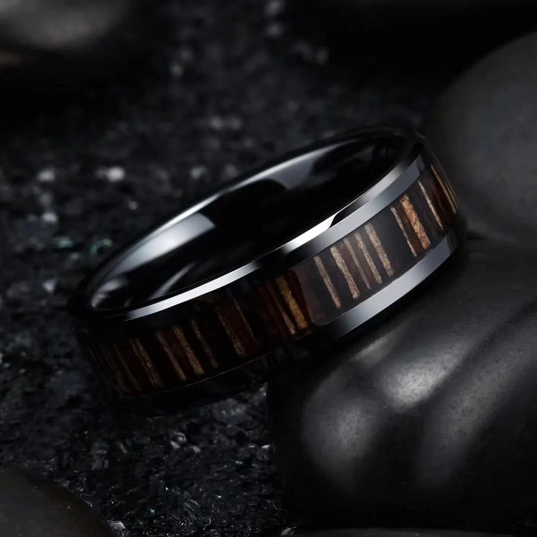 King Will Nature Men's Wooden Wedding Band, 7-8mm Black Mens Ceramic Wedding Ring with Polished Finish Brown Wood Inlay Comfort Fit Size 7-14