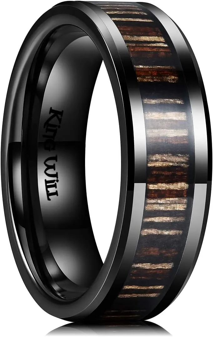 King Will Nature Men's Wooden Wedding Band, 7-8mm Black Mens Ceramic Wedding Ring with Polished Finish Brown Wood Inlay Comfort Fit Size 7-14
