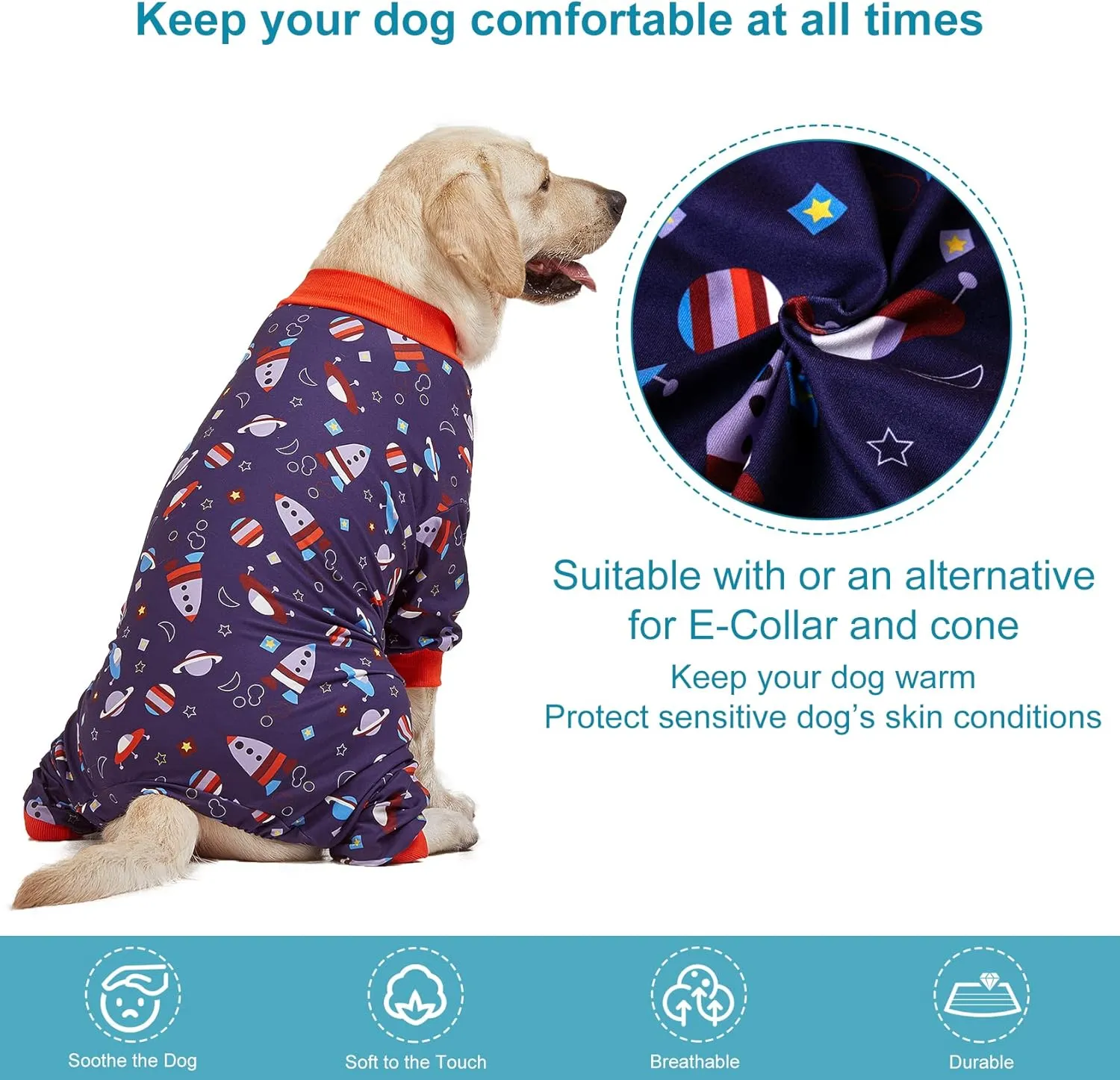 LovinPet Pullover Pitbull Pajama - Lightweight Dog Pjs, Full Coverage, Spacecraft Navy Print, Large Breed/Large
