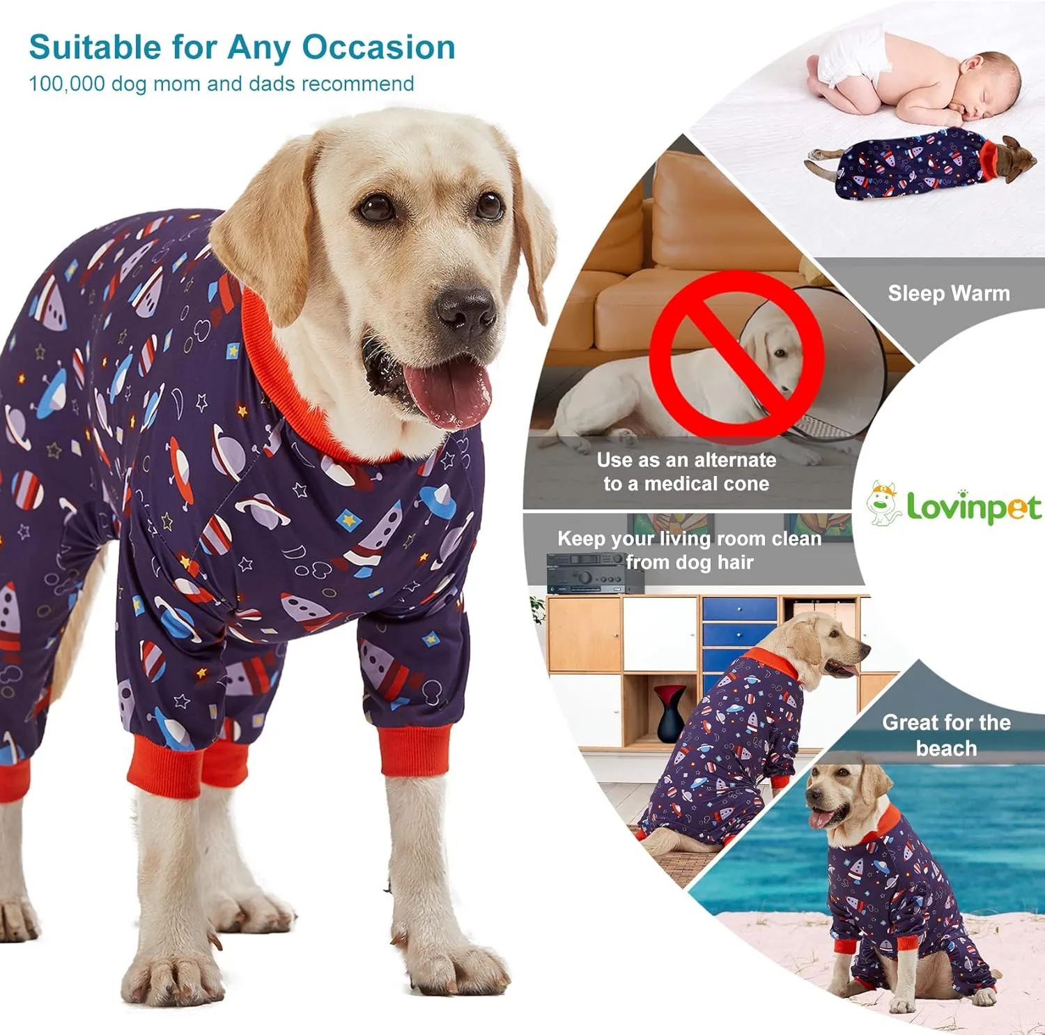 LovinPet Pullover Pitbull Pajama - Lightweight Dog Pjs, Full Coverage, Spacecraft Navy Print, Large Breed/Large