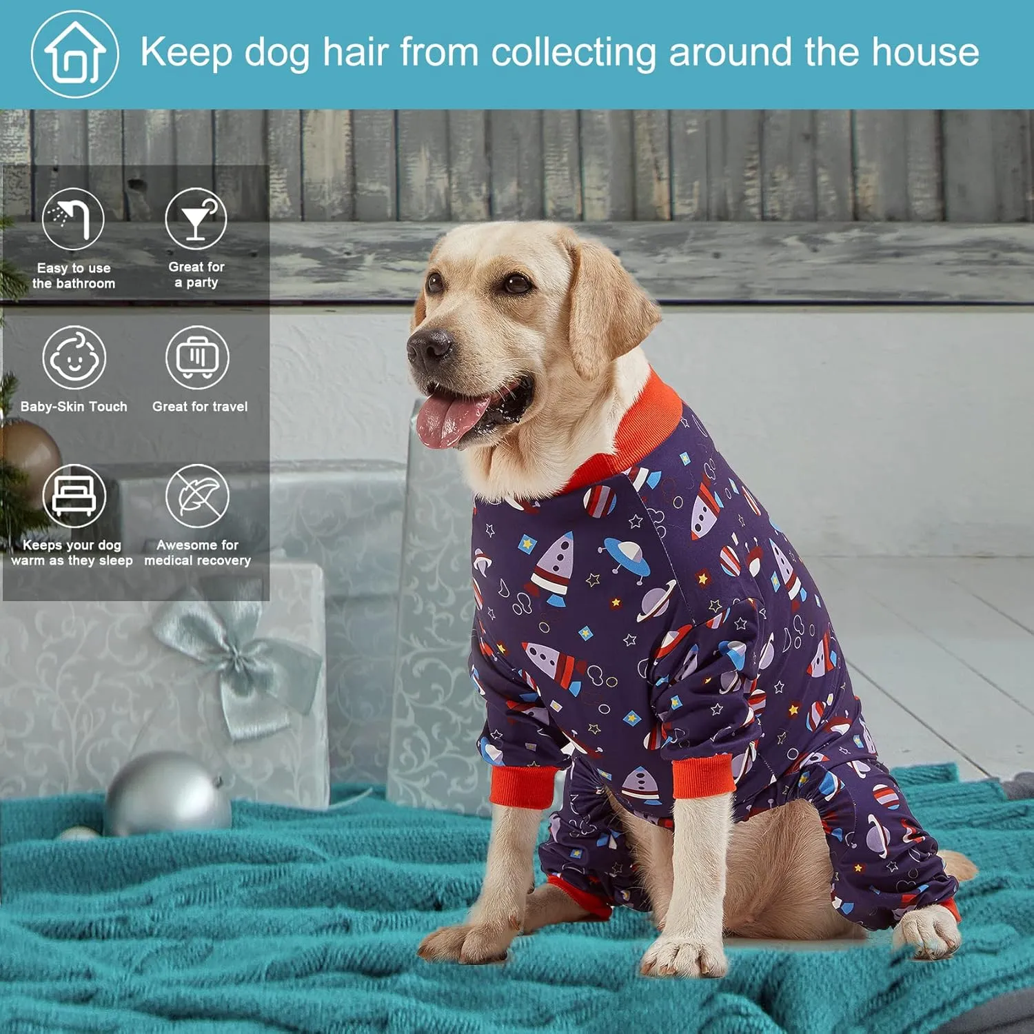 LovinPet Pullover Pitbull Pajama - Lightweight Dog Pjs, Full Coverage, Spacecraft Navy Print, Large Breed/Large