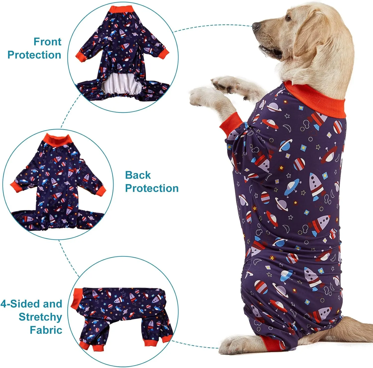LovinPet Pullover Pitbull Pajama - Lightweight Dog Pjs, Full Coverage, Spacecraft Navy Print, Large Breed/Large