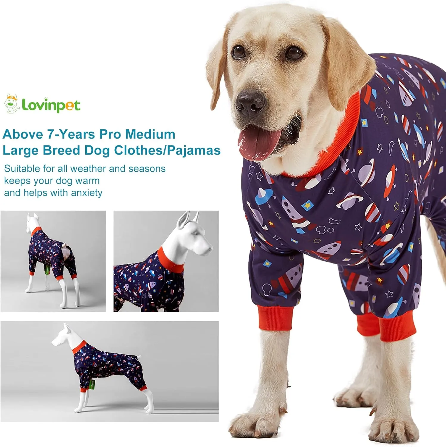 LovinPet Pullover Pitbull Pajama - Lightweight Dog Pjs, Full Coverage, Spacecraft Navy Print, Large Breed/Large
