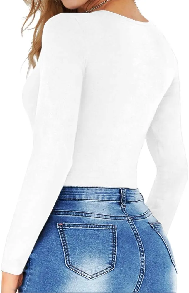 MANGOPOP Round Neck Short Sleeve Long Sleeve Bodysuits for Women Basic Body Suit Shirts Tops
