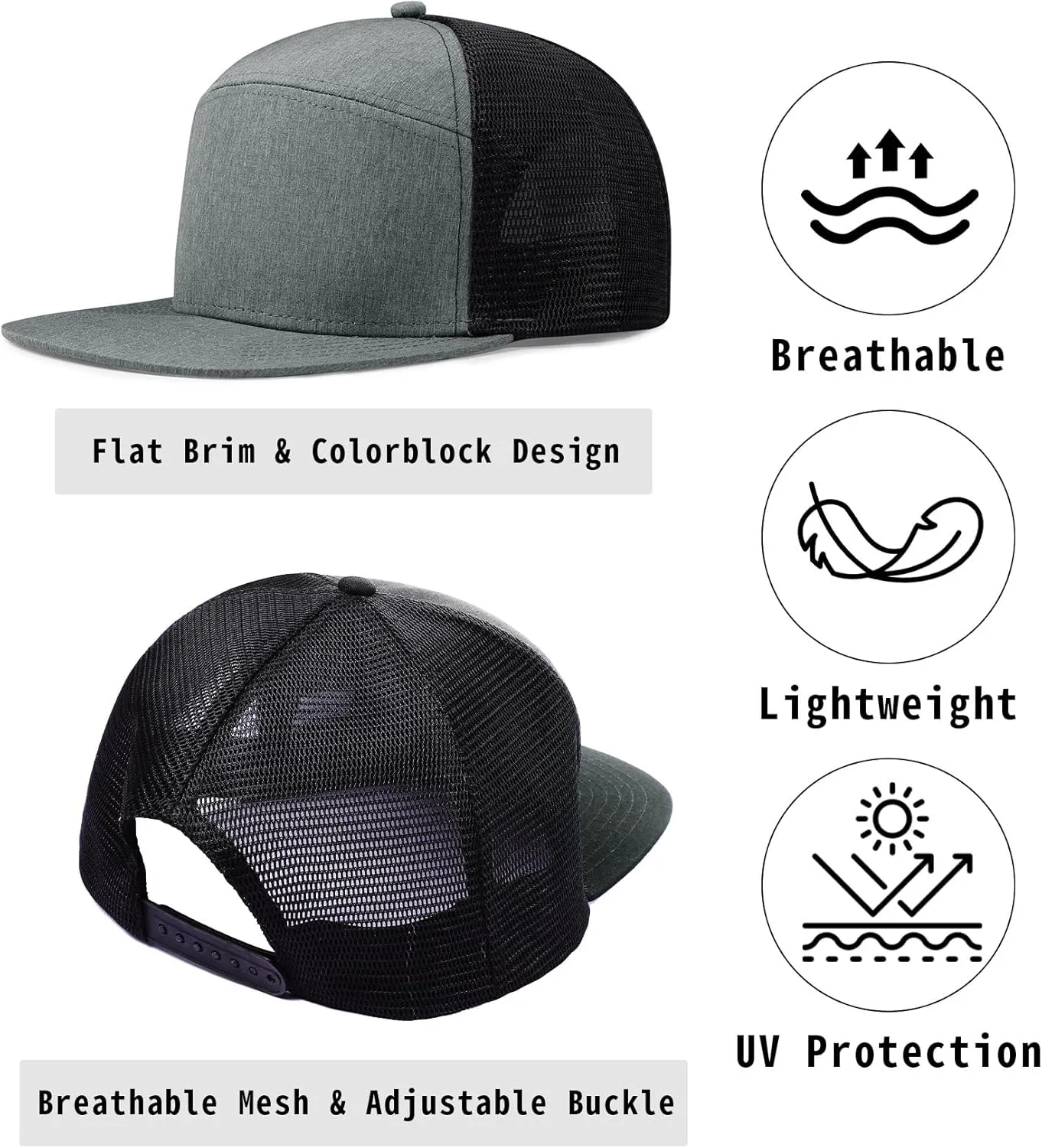 Men Flat Brim Adjustable Snapback Trucker Hat 6 Panel Camper Style Hat Blank Mesh Back Baseball Cap