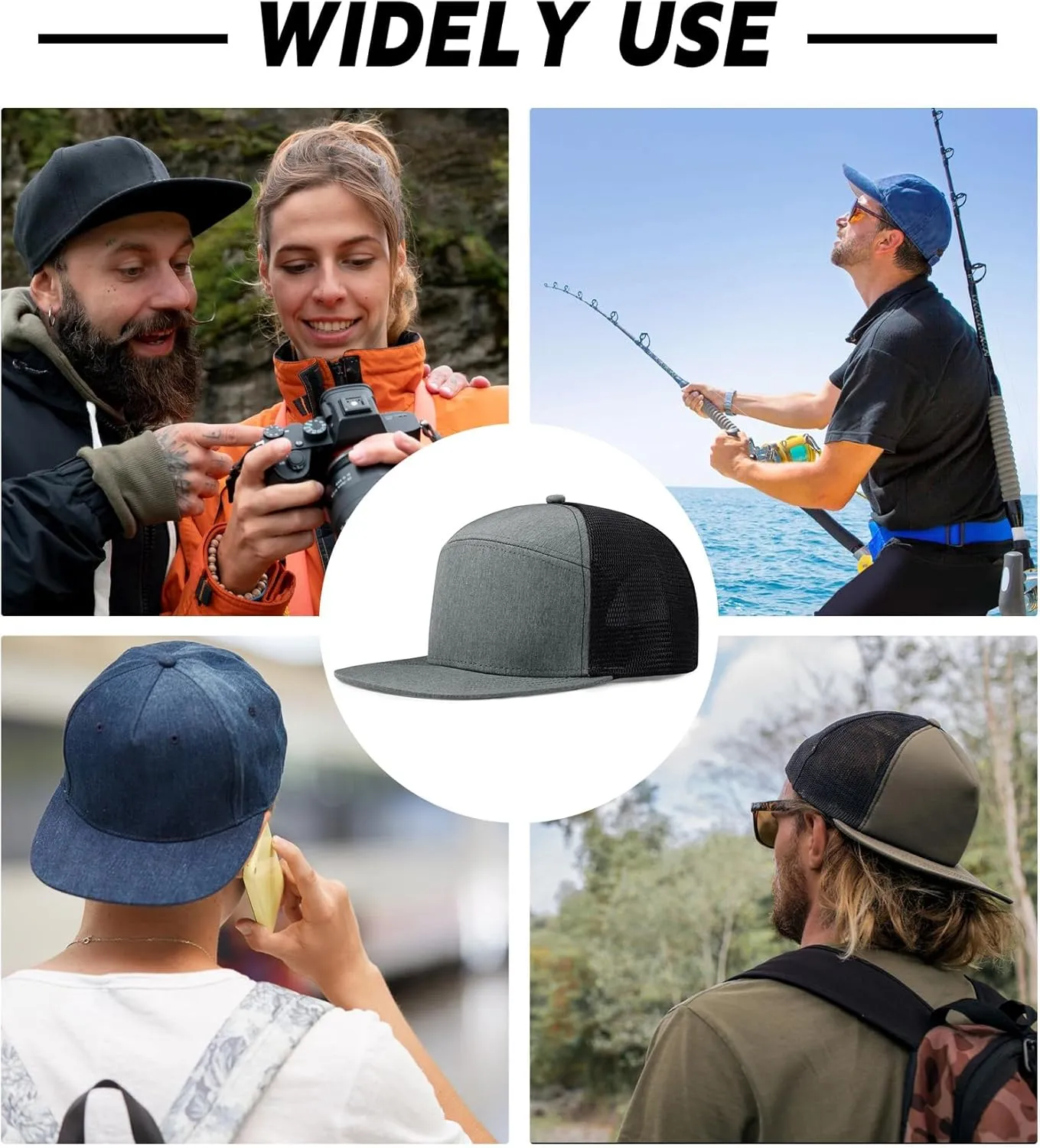Men Flat Brim Adjustable Snapback Trucker Hat 6 Panel Camper Style Hat Blank Mesh Back Baseball Cap