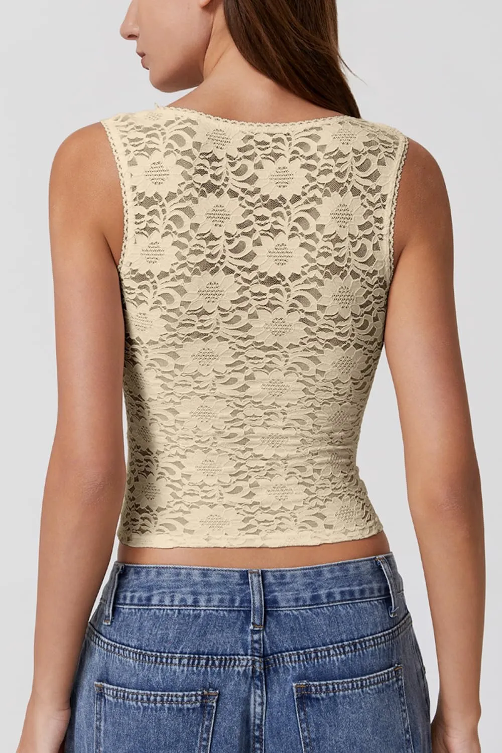 QINSEN Womens Lace Trim Square Neck Sleeveless Tank Tops Double-Layer Slim Fit T Shirt Crop Tops