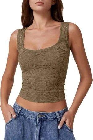 QINSEN Womens Lace Trim Square Neck Sleeveless Tank Tops Double-Layer Slim Fit T Shirt Crop Tops