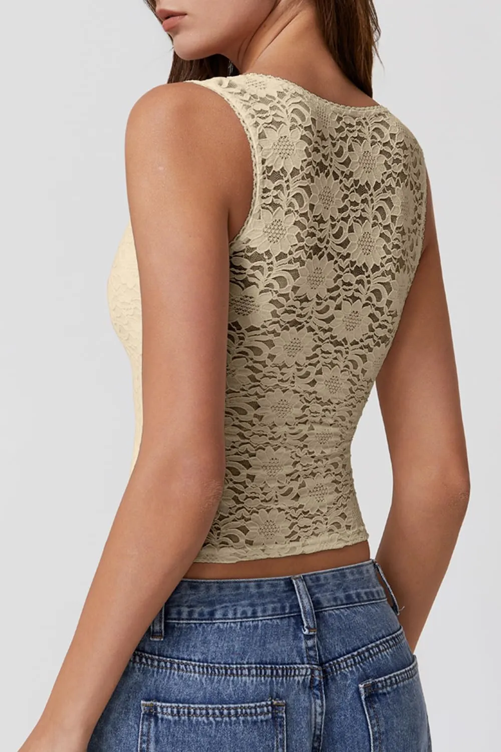 QINSEN Womens Lace Trim Square Neck Sleeveless Tank Tops Double-Layer Slim Fit T Shirt Crop Tops