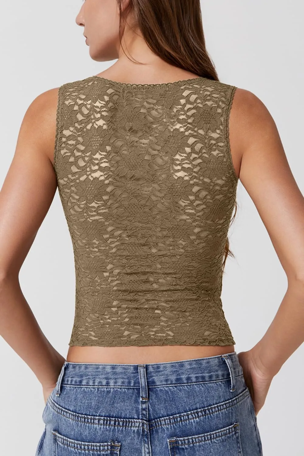 QINSEN Womens Lace Trim Square Neck Sleeveless Tank Tops Double-Layer Slim Fit T Shirt Crop Tops