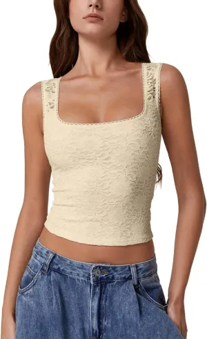 QINSEN Womens Lace Trim Square Neck Sleeveless Tank Tops Double-Layer Slim Fit T Shirt Crop Tops