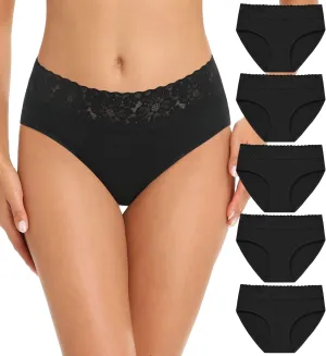 RHYFF Womens Underwear Cotton Bikini Panties Lace Soft Hipster Panty Ladies Stretch Full Briefs 5 Pack