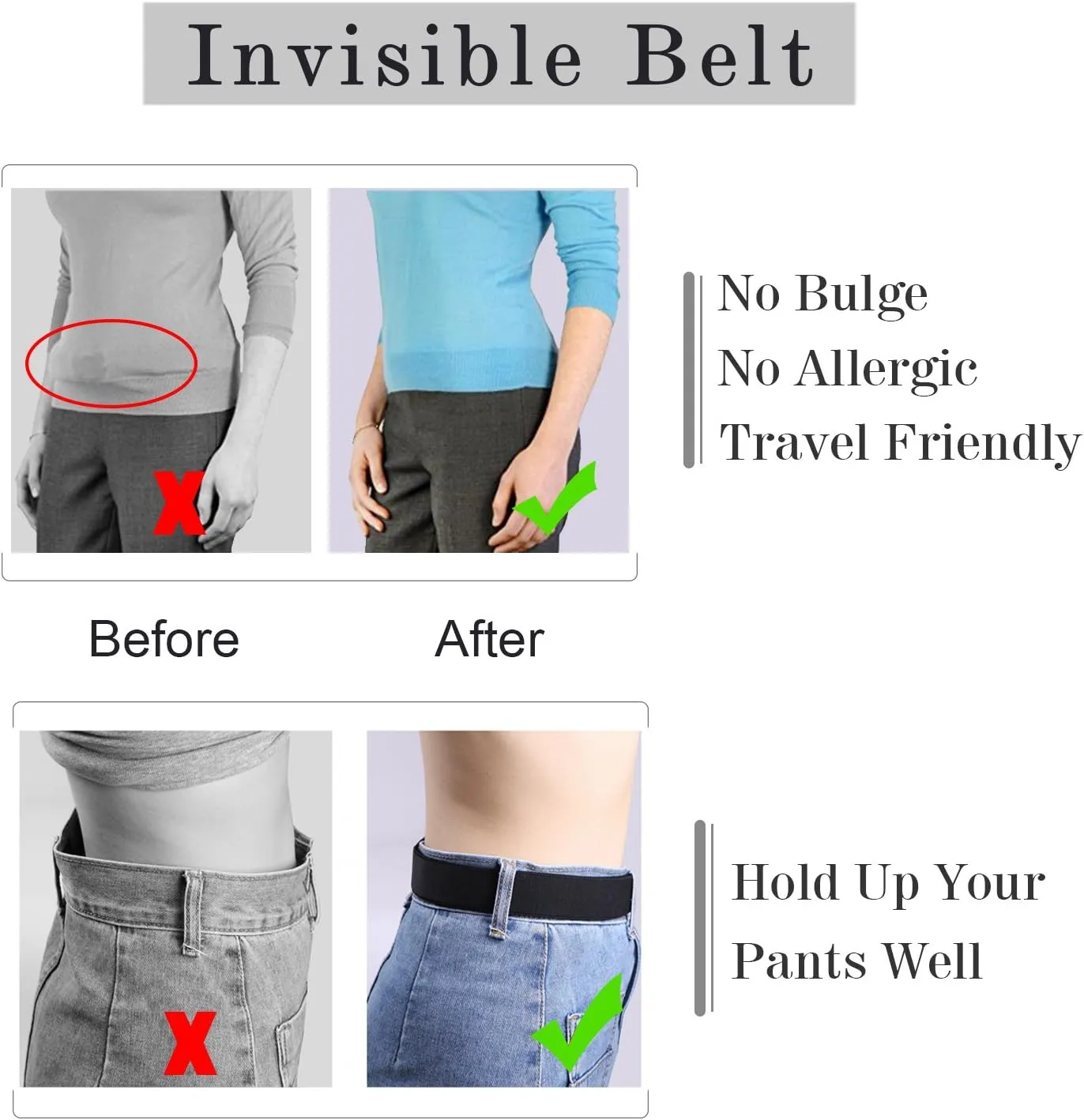 SUOSDEY Women Invisible Belt, Comfortable Adjustable Stretch No Show Belt with Flat Buckle