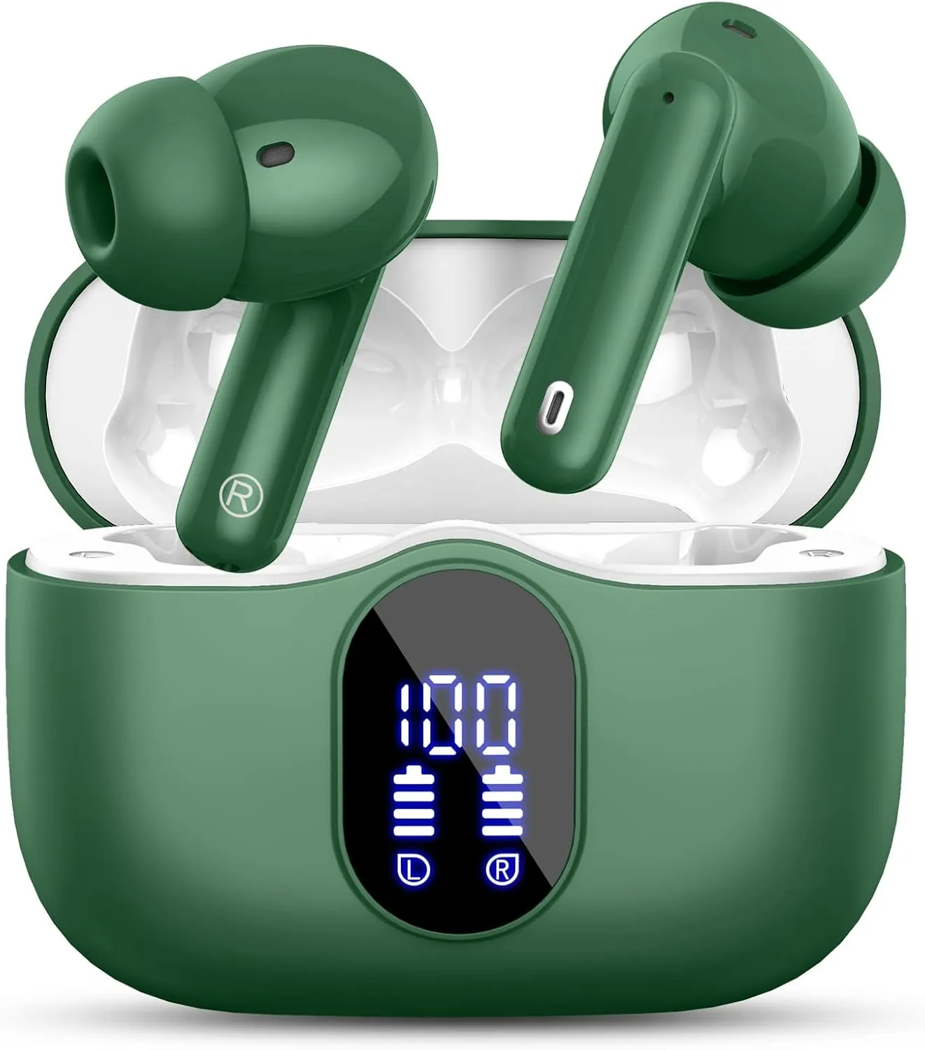 Wireless Earbuds, 2024 Bluetooth 5.3 Headphones Bass Stereo, Ear Buds with Noise Cancelling Mic LED Display, in Ear Earphones IP7 Waterproof, 36H Playtime for Phones Sports Workout, Elegant Green