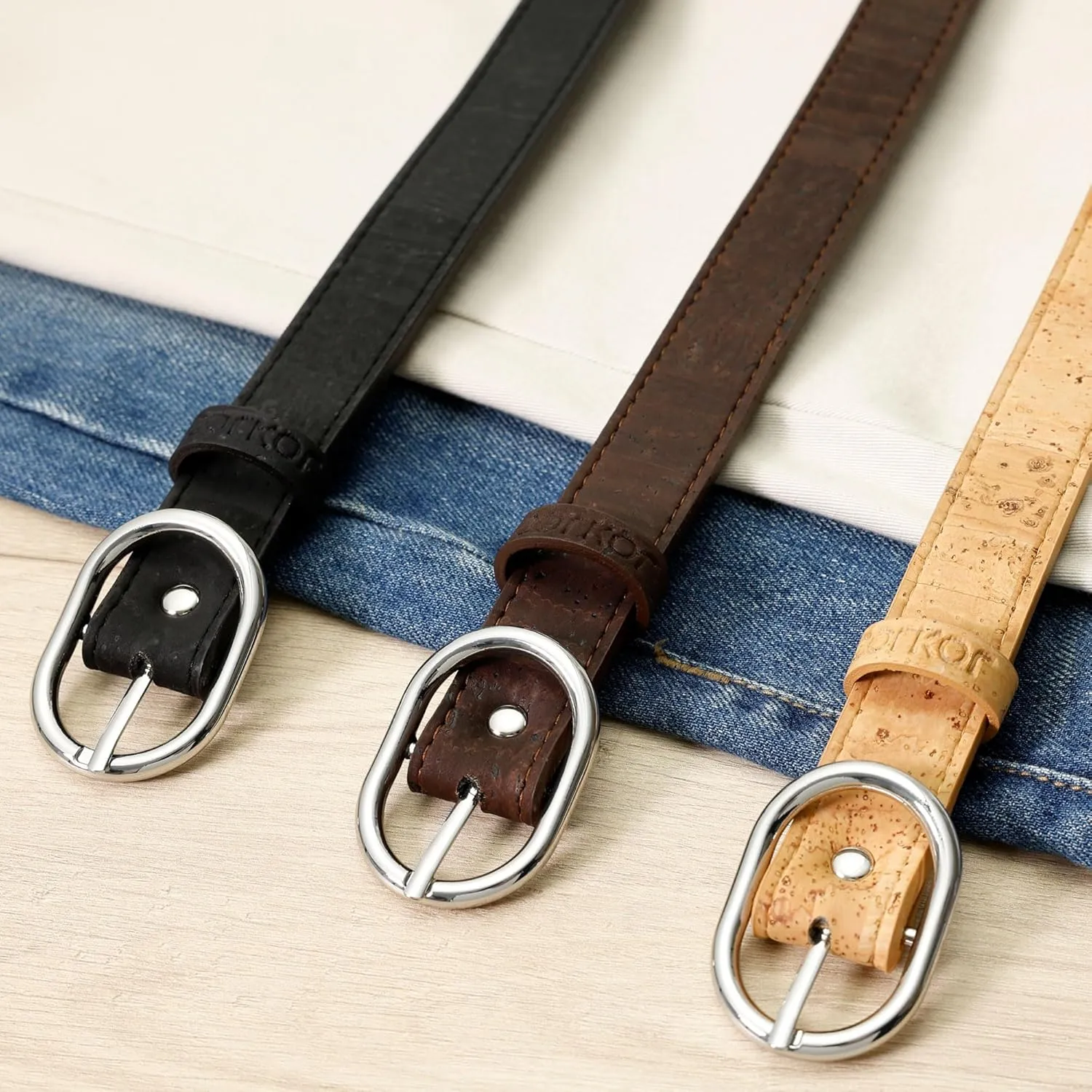 Women Cork Belt  Vegan Leather Dress for Jeans Thin Belt  Cruelty Free-Eco Friendly Brown Black - 0,98" Wide