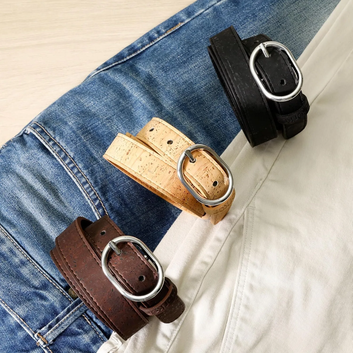 Women Cork Belt  Vegan Leather Dress for Jeans Thin Belt  Cruelty Free-Eco Friendly Brown Black - 0,98" Wide