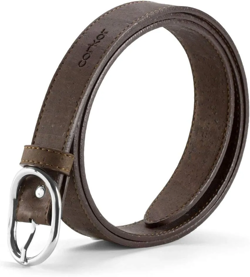 Women Cork Belt  Vegan Leather Dress for Jeans Thin Belt  Cruelty Free-Eco Friendly Brown Black - 0,98" Wide