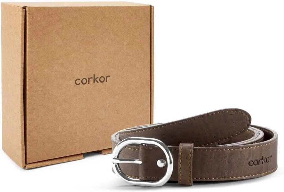 Women Cork Belt  Vegan Leather Dress for Jeans Thin Belt  Cruelty Free-Eco Friendly Brown Black - 0,98" Wide