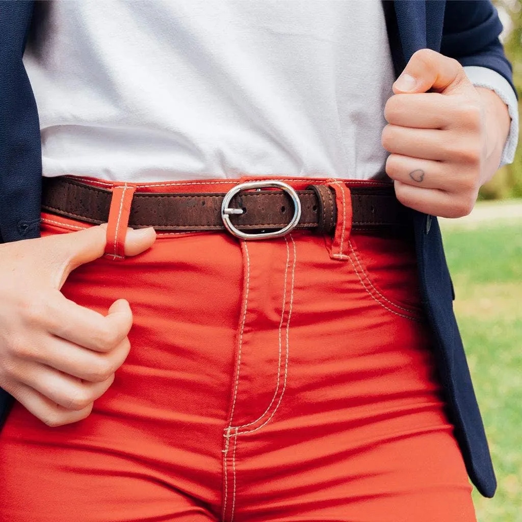 Women Cork Belt  Vegan Leather Dress for Jeans Thin Belt  Cruelty Free-Eco Friendly Brown Black - 0,98" Wide