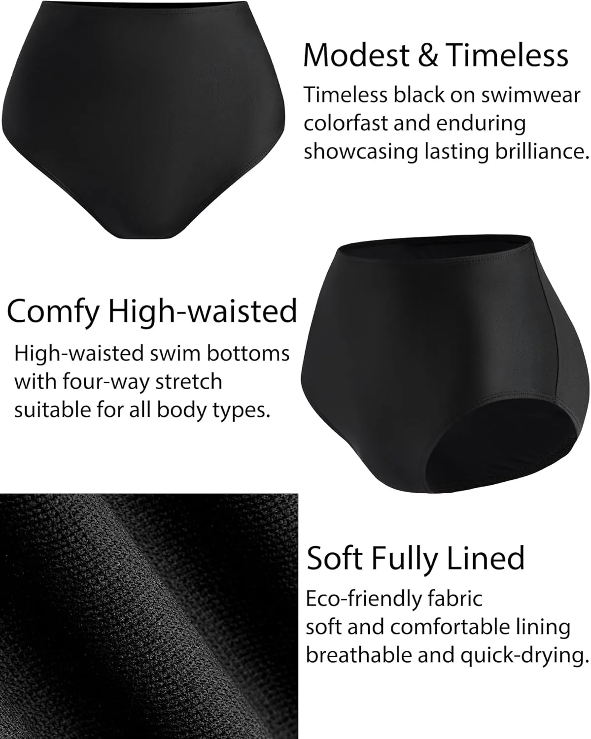 Women's Black High Waisted Bikini Bottom Full Coverage Bathing Suit Swim Bottoms Tummy Control Swimsuit Shorts