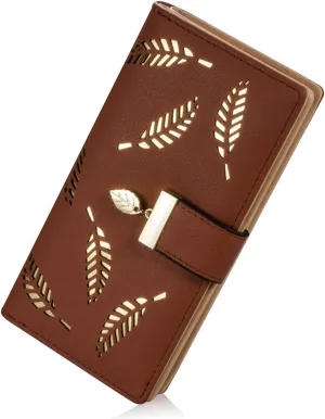 Women's Long Leaf Bifold Wallet Leather Card Holder Purse Zipper Buckle Elegant Clutch Wallet Handbag for Women - Brown