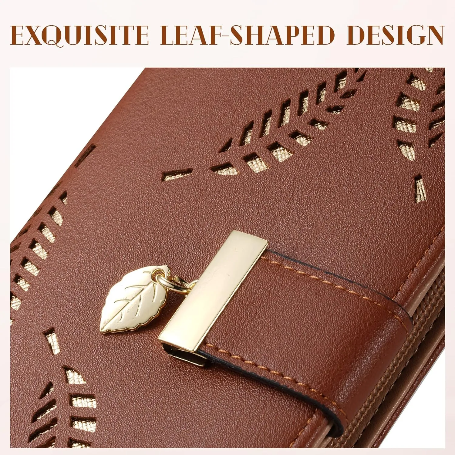 Women's Long Leaf Bifold Wallet Leather Card Holder Purse Zipper Buckle Elegant Clutch Wallet Handbag for Women - Brown