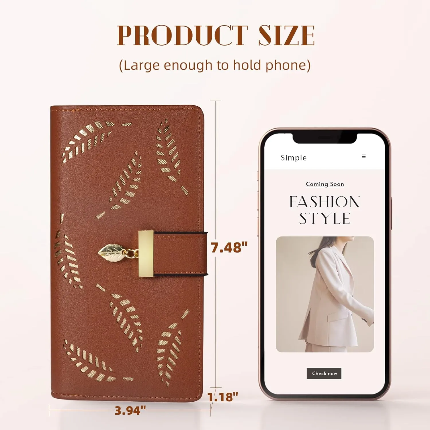 Women's Long Leaf Bifold Wallet Leather Card Holder Purse Zipper Buckle Elegant Clutch Wallet Handbag for Women - Brown