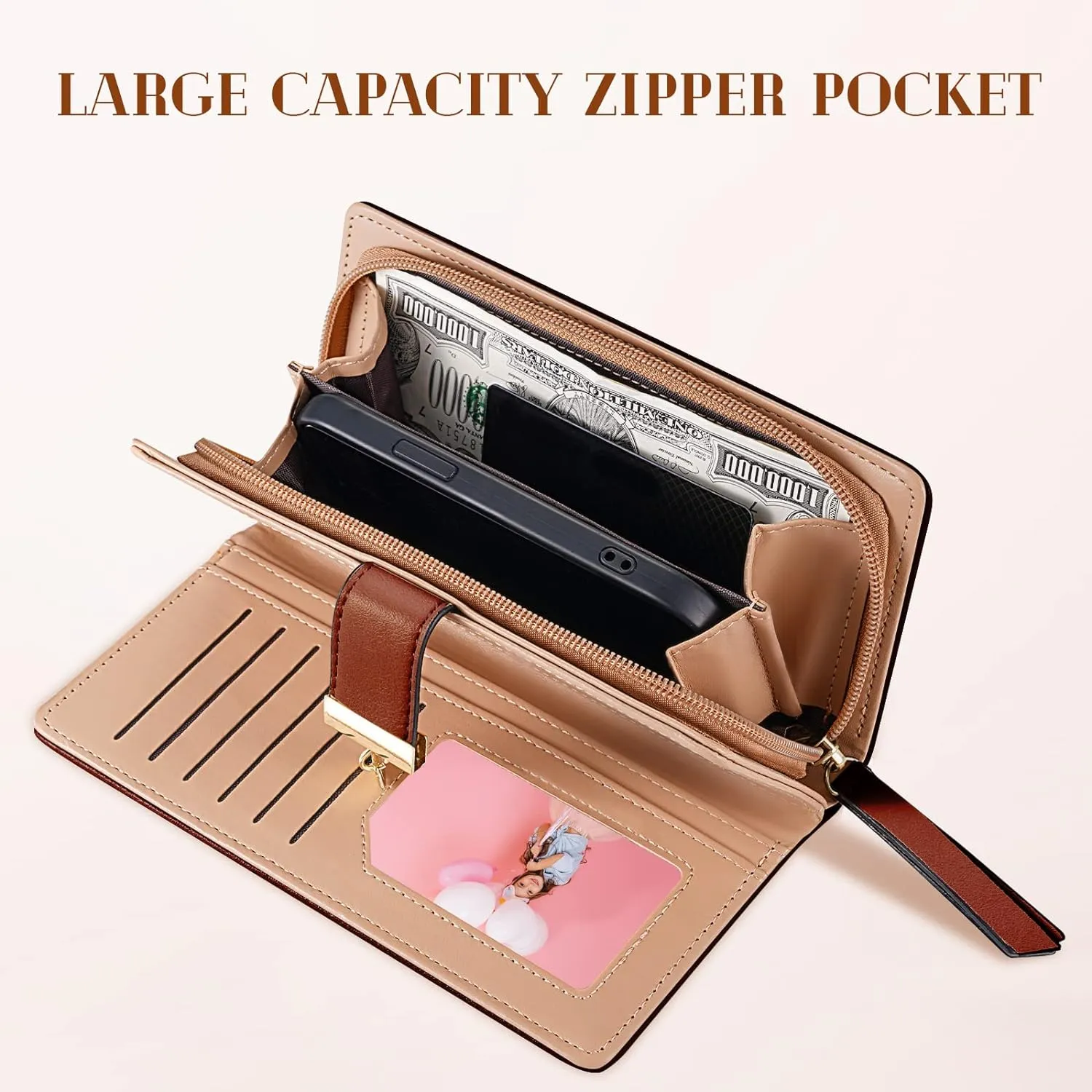 Women's Long Leaf Bifold Wallet Leather Card Holder Purse Zipper Buckle Elegant Clutch Wallet Handbag for Women - Brown