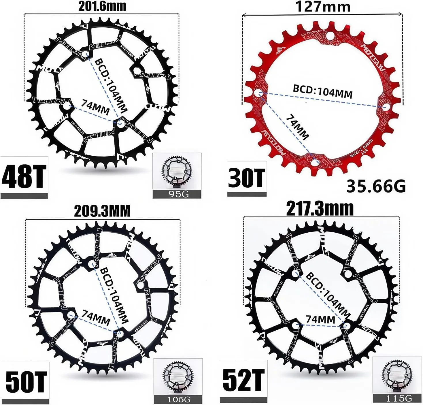 YBEKI Pro-Grade 104BCD Chainring (30-52T) CNC 7075-T6 Aluminum Narrow-Wide MTB/Road Round Oval Bike Chainwheel | Shimano/SRAM 8-11 Speed Compatible | 573MPa Strength(Black/Red/Blue)